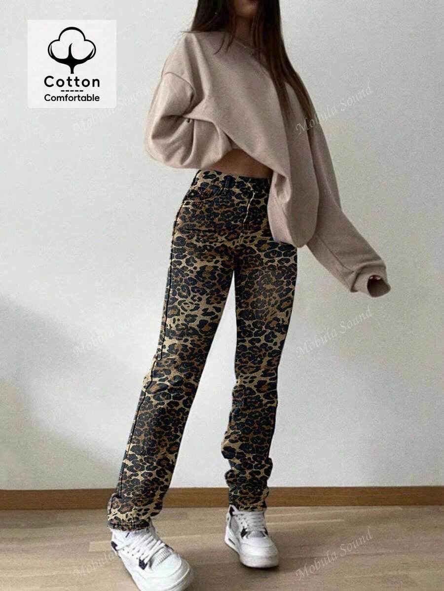 Jeans droits pour femmes Mobula Sound, polyvalents, décontractés et tendance, avec imprimé léopard