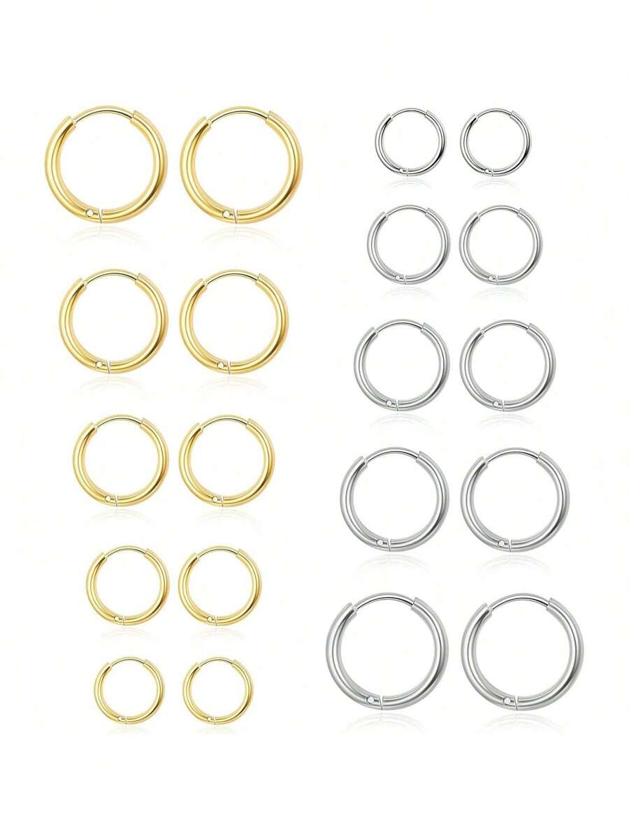Set de 10 pares de pendientes de aro de plata para mujeres, pendientes de aro hipoalergénicos y ligeros de acero quirúrgico, aros pequeños y pequeños para niñas y hombres (8 mm, 10 mm, 12 mm, 14 mm, 16 mm)