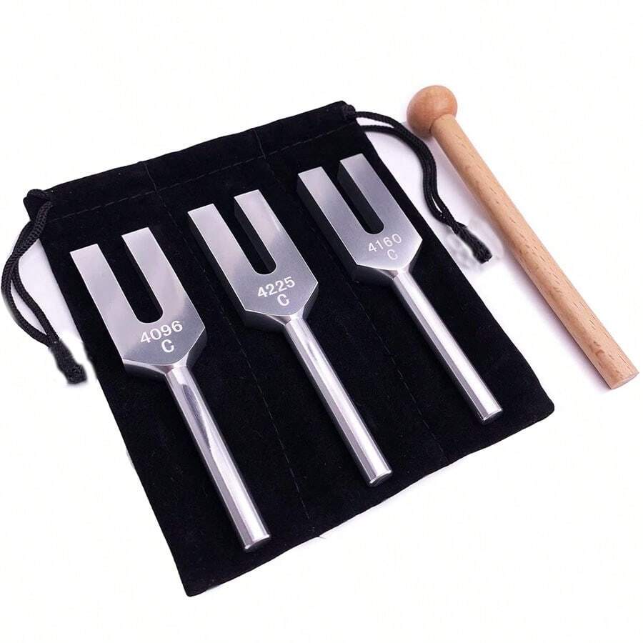 Angel Tuning Fork Set - 4096 Hz, 4160 Hz, 4225 Hz, For Sound, Musical Instruments, With Wooden Mallet And Soft Storage Bag (Gold/Silver)