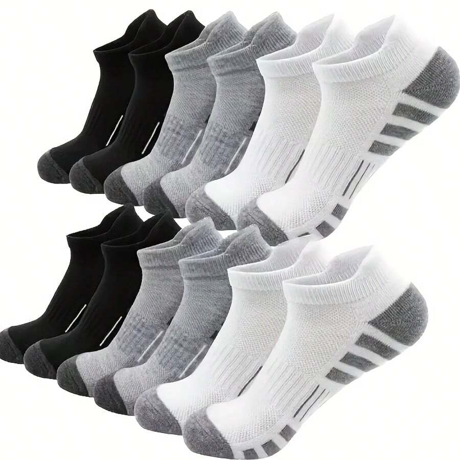 5 perechi de șosete sport respirabile, absorbante de șocuri, pentru bărbați, cu suport pentru arcul plantar - Design cu dungi care absoarbe umezeala, Ambalaj multicolor (negru/alb/gri), Căptușeală suplimentară pe călcâi și vârf, Îngroșate și durabile, Stil atletic, Potrivite pentru pasionații de sport