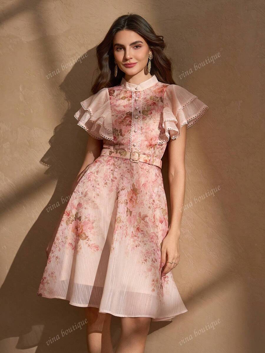 Elegant Romantic Floral Printed Half-Button Decorative Belt Vacation Style Dress For Women