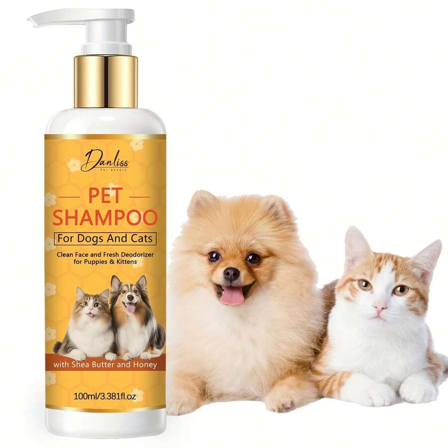 100 ml Shampooing pour chiens et chats, contenant du beurre de karité et du miel - formule de nettoyage en douceur et nourrissante, convenant aux chiots, chatons et à tous les animaux de compagnie. Désodorisant frais - produit essentiel pour le toilettage des animaux de compagnie hydratant.