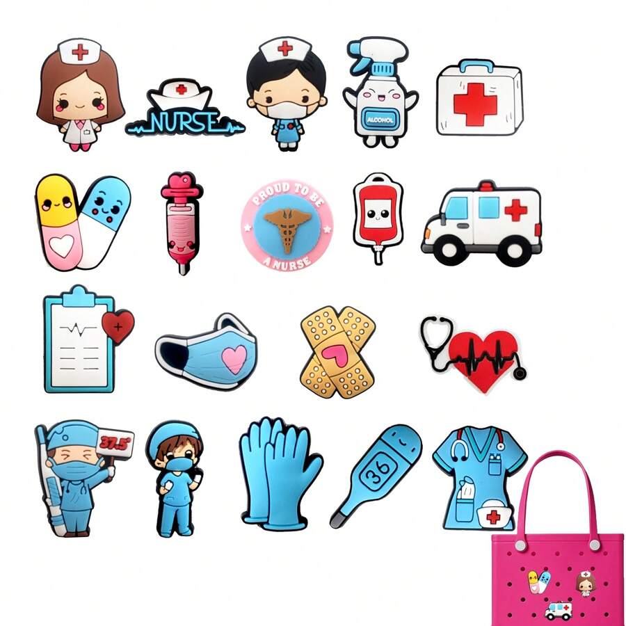 19 Piezas Serie de Médico y Enfermera DIY Encantos para Bolsas de Playa de Goma Decoraciones de Moda para Bolsos Regalos Geniales para Navidad, Cumpleaños, Fiesta, Accesorios de Playa de Anime, Esenciales de Playa, Vacaciones
