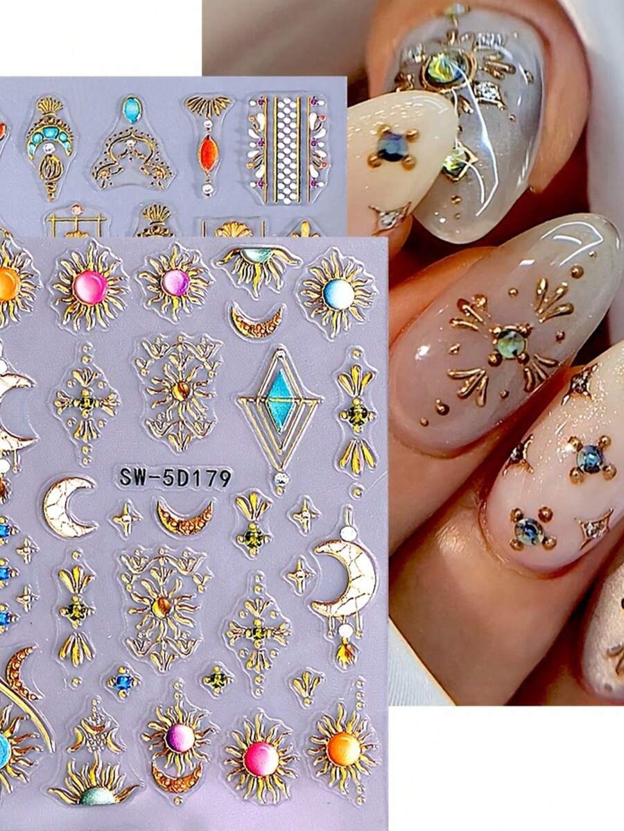 2 Pieces Of Bohemian Star Moon Sun Relief Nail Art Stickers - Yellow, Red, Blue, And Purple Stars, Moon, Sun, And Pearl Art Designs, 5D Relief Craftsmanship, Disposable Self Adhesive Back Adhesive Nail Stickers Suitable For Women, Bohemian Star Moon Theme Style, Easy To Stick Nail Decoration Stickers