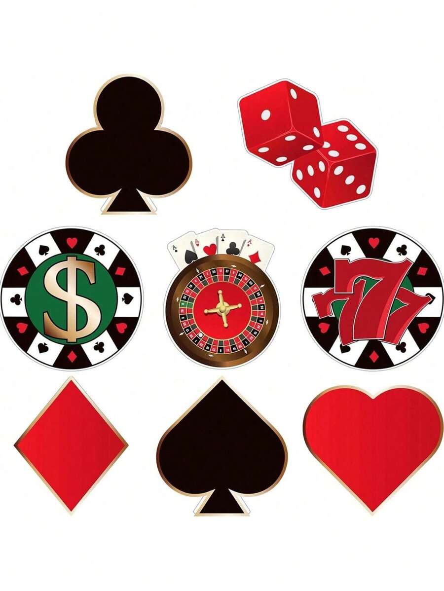 16pcs Multi-Functional Casino/Party Hollow Las Vegas Casino Poker Theme Party Decorations With Adhesive For Pinboard, 5.9 X 5.9 Inch