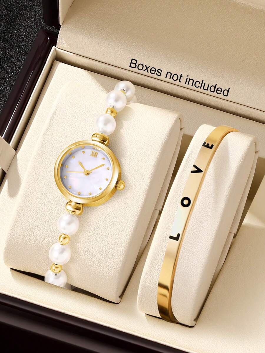 2pcs/Set Women Fashion Elegant Pearl Quartz Watch & Bracelet Set With LOVE Bracelet, Gift For Teacher's Day, Thanksgiving, Student Graduation, Birthday