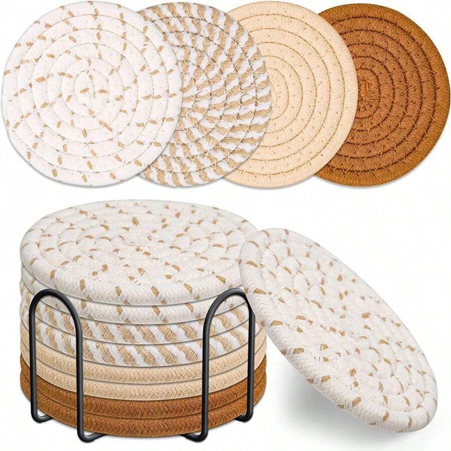 4 Or 8 Drink Coasters, Round Woven Coasters, Absorbent Drink Coasters, Handwoven Fabric Coasters, Set With A Tray, Bohemian Style, Does Not Include Stand.
