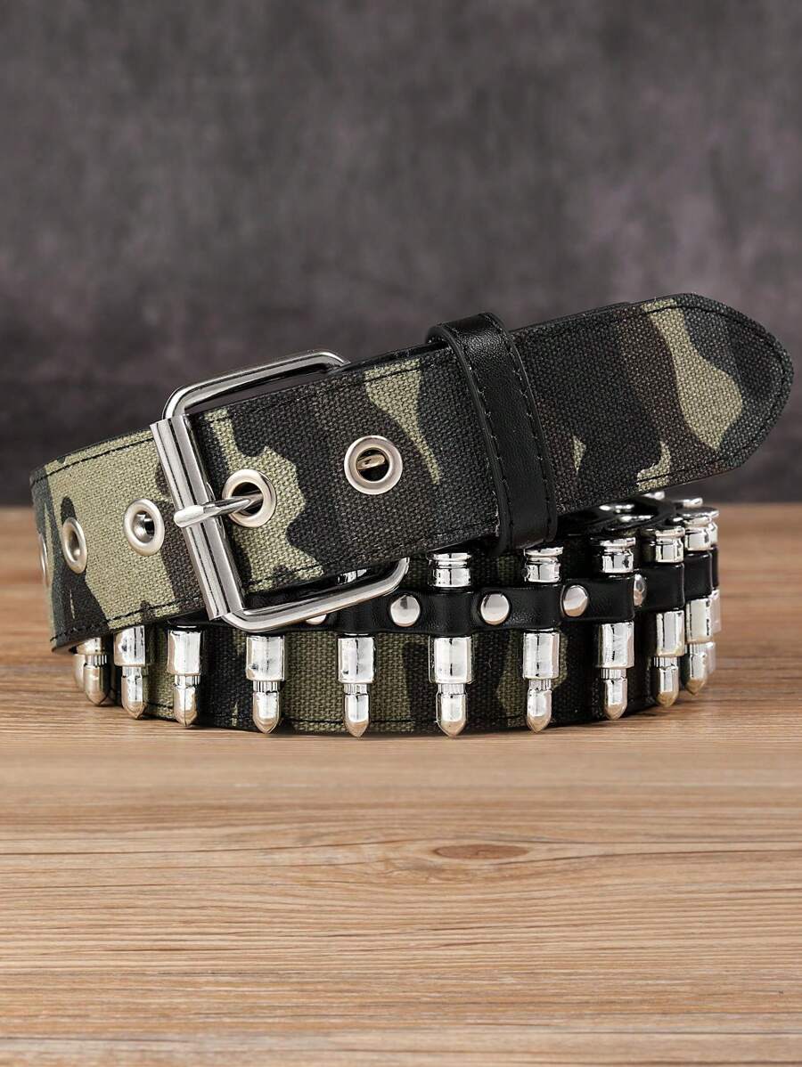 2025 Neue olivgrüne Camouflage Gürtel für Unisex - Patronen-Kopf-Deko & Nieten Punk Rock Heavy Metal Y2K Taktischer Gürtel - Outdoor Hip Hop Jeans Accessoire mit asymmetrischem Muster Sommer, Schule