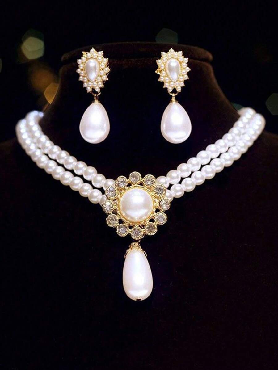 1pc Necklace And 1 Pair Earrings Elegant Vintage Oval Rhinestone Layered Faux Pearl Necklace And Earring Jewelry Set, Sophisticated Delicate Design, Suitable For Women's Daily And Festival Occasions