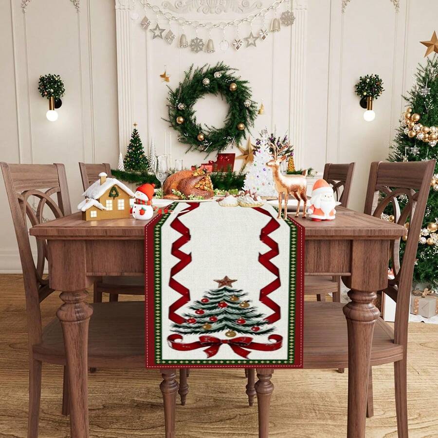 1 Stück Tischfahne mit Mustern von Weihnachtsbaum, Weihnachtsglocke und anderen Weihnachtselementen, hergestellt aus 72 Zoll gestrickter Polyesterfaser, verwendet für Tische bei Feiern, Heim- und Küchendekorationen sowie als Geschenk