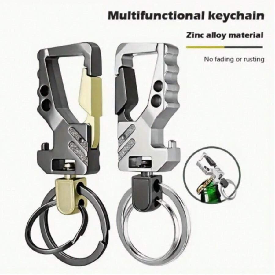 1pc A Gift For Father - Stylish Double - Loop Two - Tone Multifunctional Men's Car Keychain With Beer Bottle Opener, A Fashionable And Practical Accessory Car Accessories Bag Charm