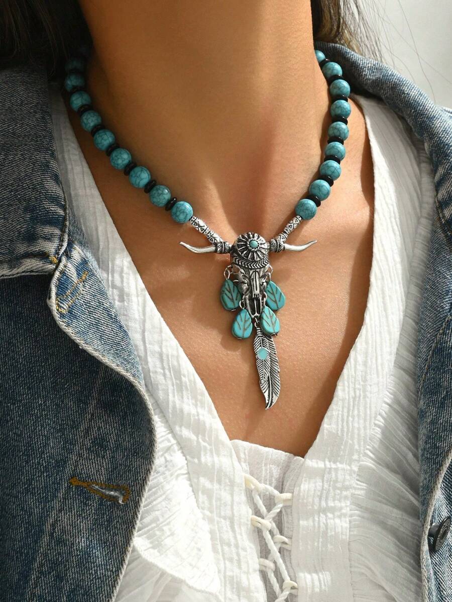 1 Stück Kuhgirl Stil Türkis Perlen Ochsenkopf Anhänger Kette für Frauen