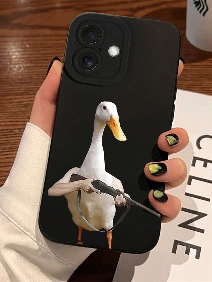 1 pieza Funda de teléfono suave de TPU negro con protección de cámara Ojo de halcón preciso y diseño de pato divertido con arma, compatible con Apple 16 Pro Max, 15, 14, 13, 12, 11 Pro Max Plus Mini, 16E, XR/X/XS Max