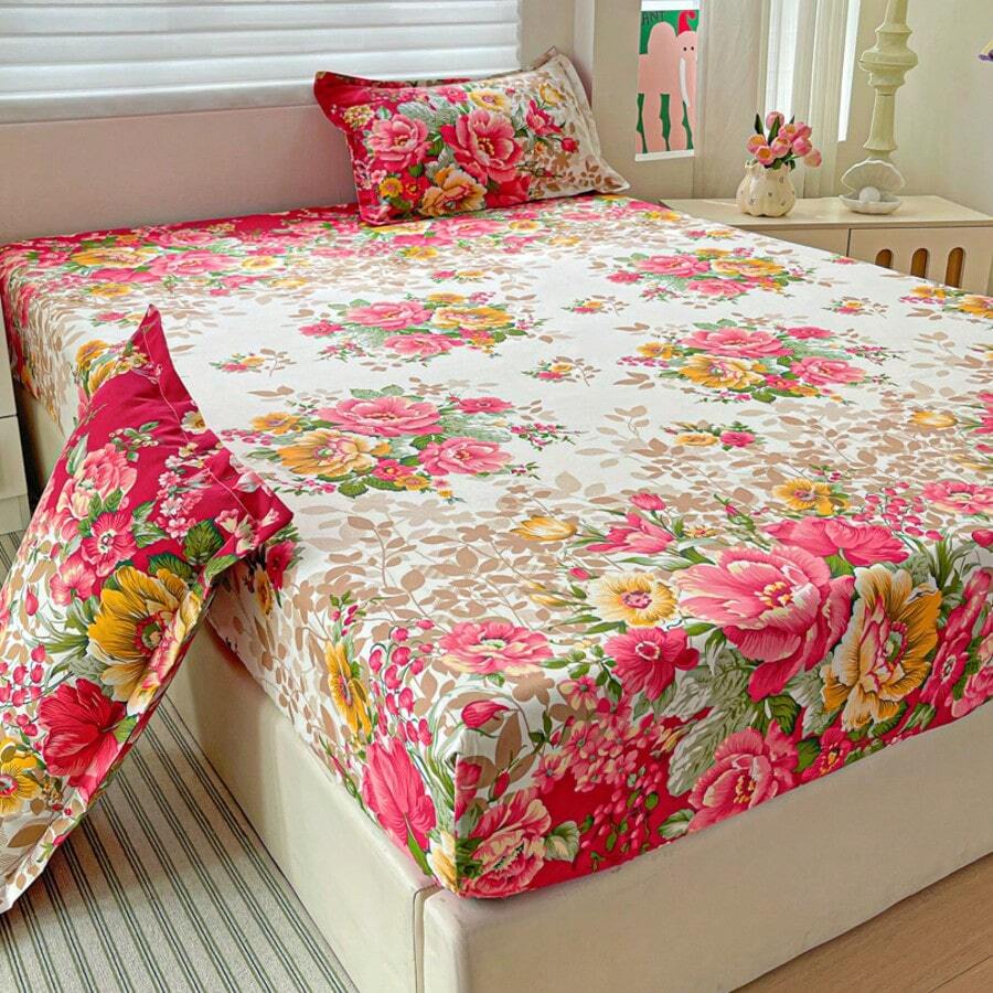 2pcs/3pcs Floral Pattern Fitted Sheet Set, Comfortable Breathable Soft & Snug Fit, Machine/Hand Washable, All Seasons, Mattress Height 11.81 Inches/30cm