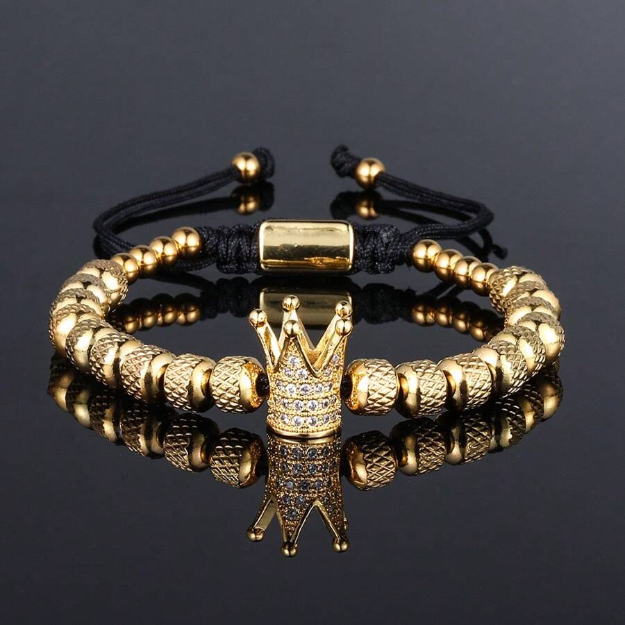 1 Pieza Pulsera de cuerda trenzada con decoración de corona de acero inoxidable de lujo, adecuada para uso diario, puede ser un regalo para novio, amigo, fiesta de cumpleaños