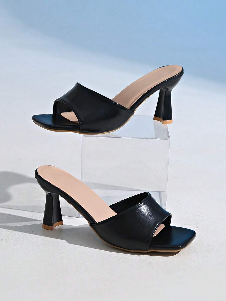 Women's Open Toe Chunky Heel Mules Sandals, Summer, Solid Color, Slip-On, Black Ladies Slippers High Heel Mules