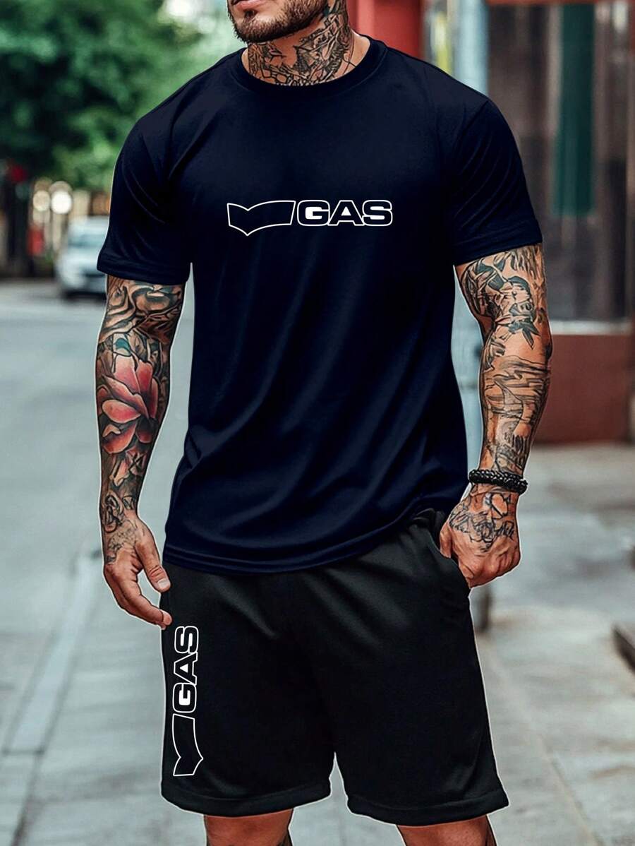 2 Stücke Herren Sommer Set - Kurzarm T-Shirt und Zugkordel Shorts, mit Rundhals Muskel Trainings T-Shirt für Gym vielseitig & bequem, Sport Outdoor Aktiv Bodybuilding Oberteil im Freundin-Stil Lässig Tragen Buchstaben & Grafik Muster, Regular Passform, Tasche Design