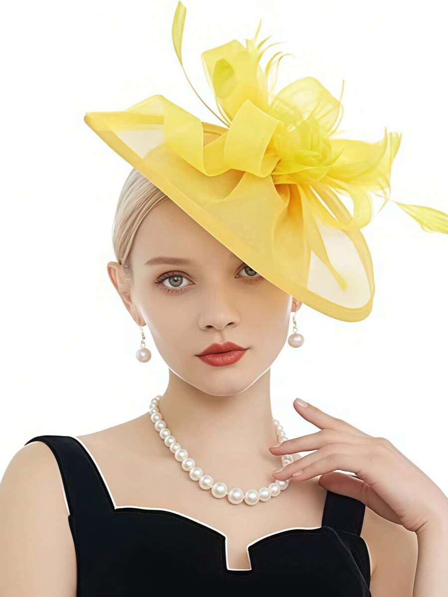 1PC Fascinator Hat For Women – 50s & 60s Flower Mesh Ribbon Feather Headband With Clip, Elegant Tea Party, Kentucky Derby, Or Wedding Headwear, Special Occasion Hat | Vintage Style Hat | Feather Trimmed Hat
