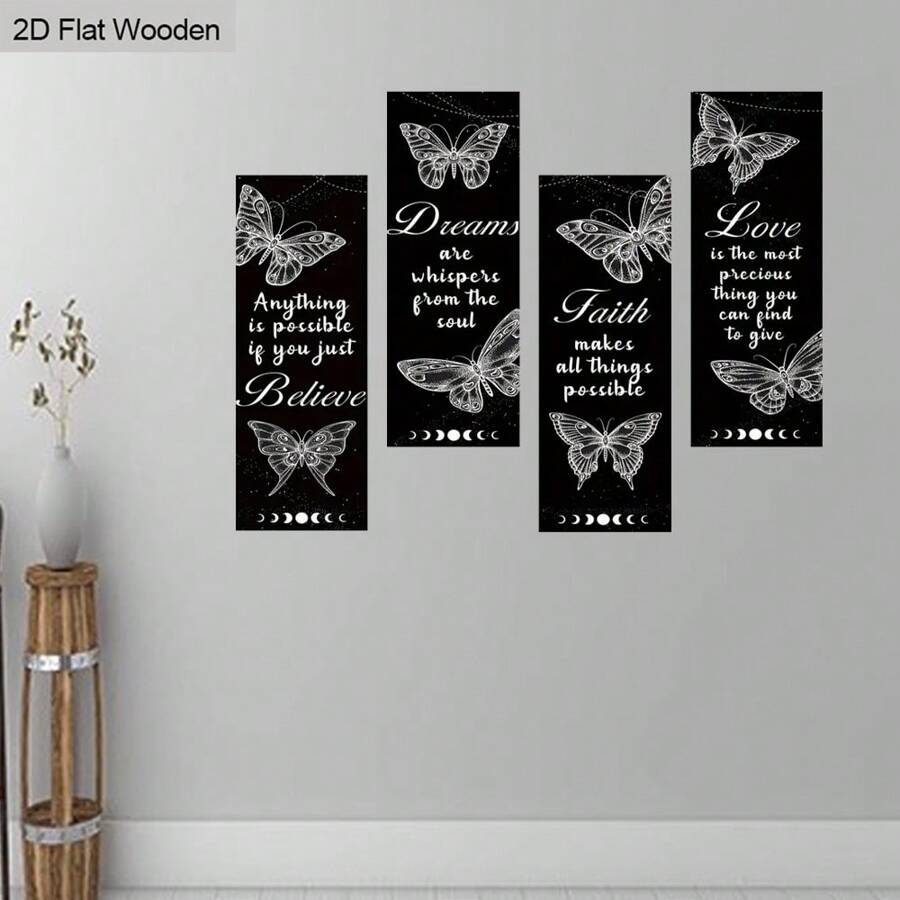 4 Pc Black Butterfly Square Wooden Wall Decor Set - Believe Dream Faith Love Symbol - Suitable For Living Room, Bedroom, Classroom, Bar, Cafe, Party Wall Hanging Decor, Holiday Gift