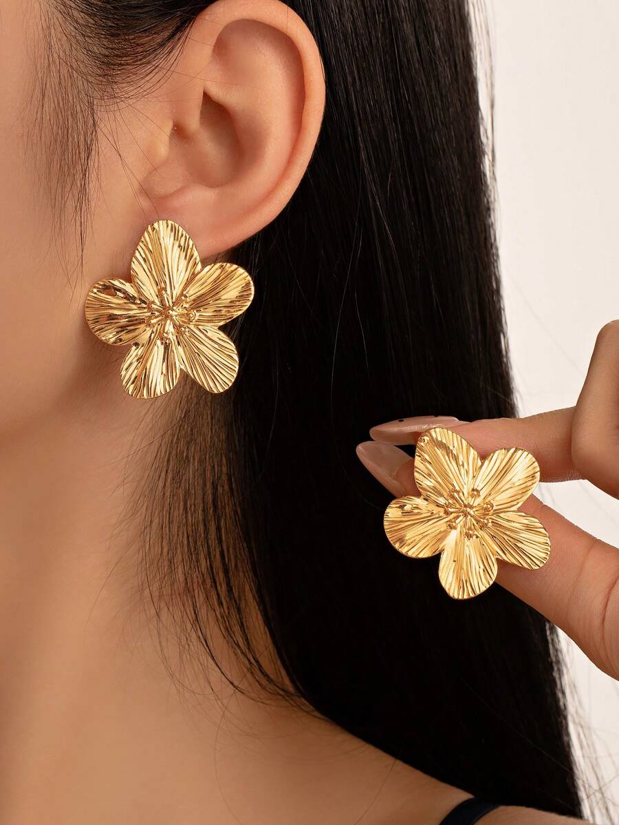 1 par de pendientes de metal mate estilo retro de la corte francesa, pendientes de flores de metal, pendientes de pétalos de verano
