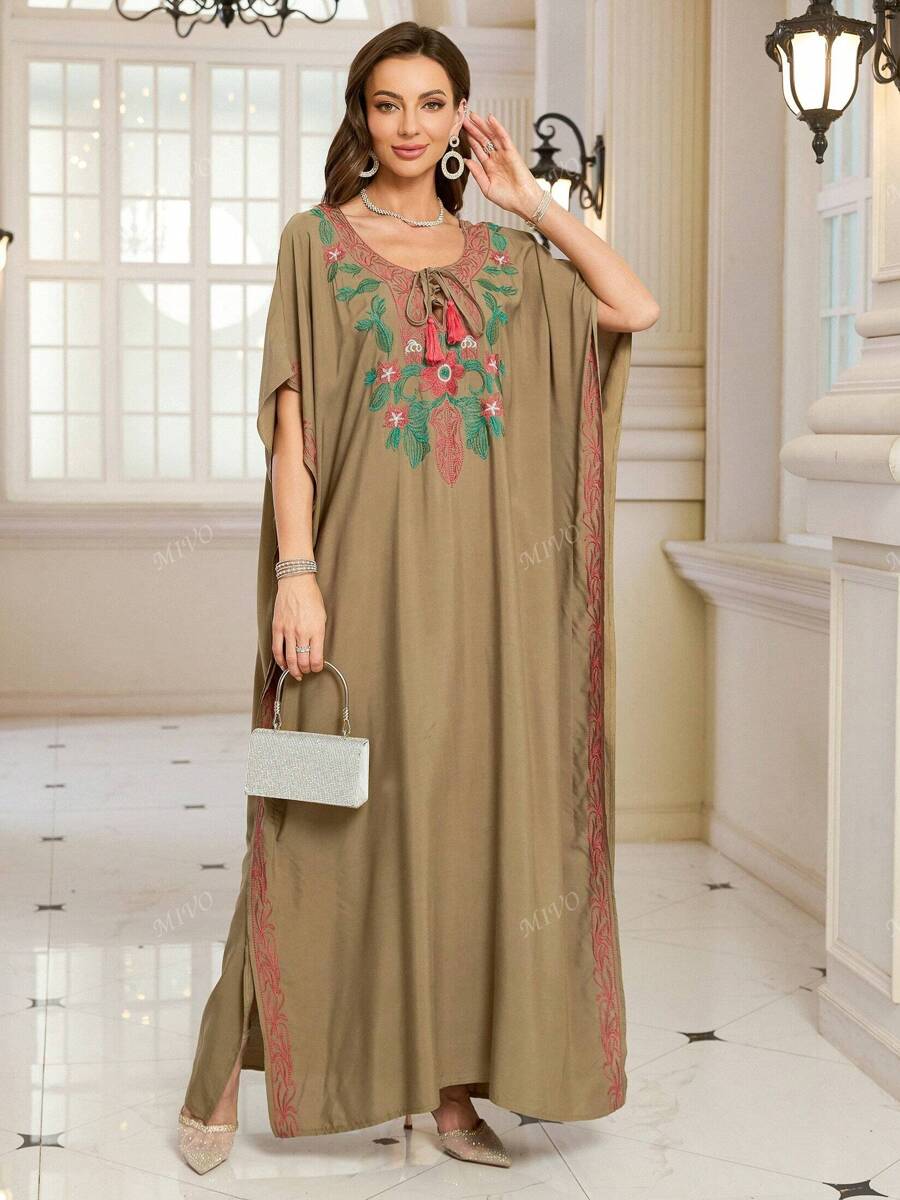 Women's Elegant Embroidered Dress Plus Size Bohemian Batwing Sleeves Dubai Abaya Casual Holiday Dresses Outfits
