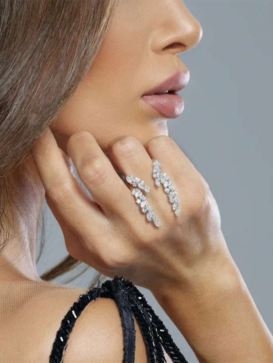 1pc Adjustable U-Shape Ring With Cubic Zirconia, Floral & Leaf Design, Versatile Accessory Ring