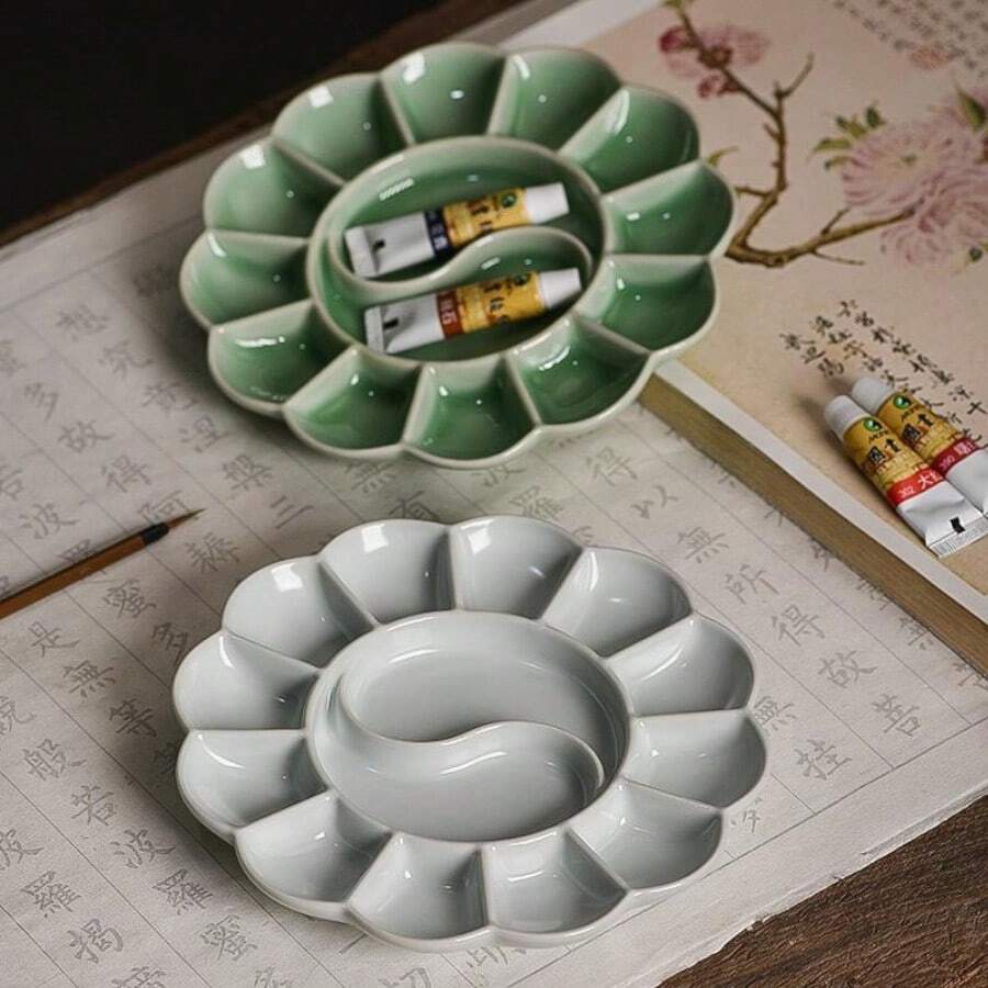 1pc Creative Vintage Ceramic Color Palette, Ink Mixing Tray For Students, Calligraphy & Painting Supplies, 2 Color Options,Back To School,School Supplies