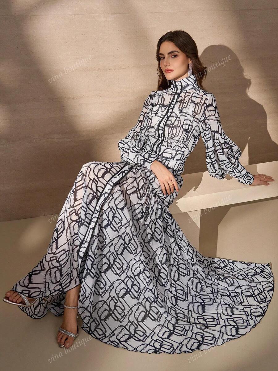 Elegant Romantic Geometric Floral Print Stand Collar Long Sleeve A-Line Dress For Women