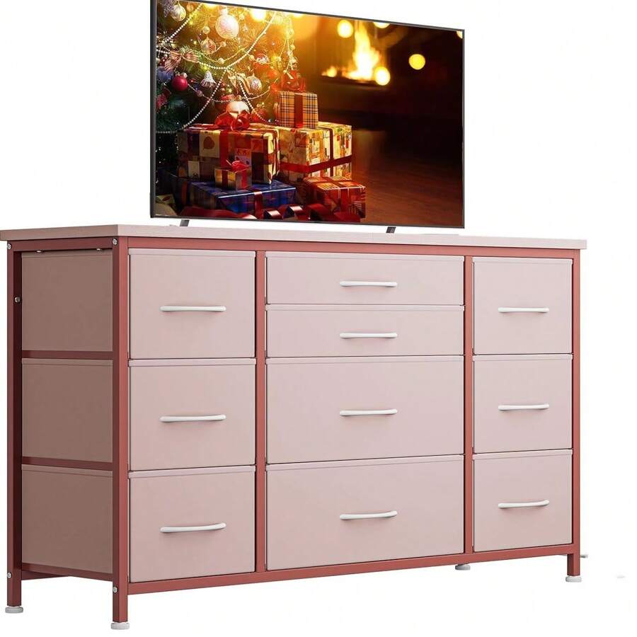 Commode pour chambre à coucher avec 10 tiroirs, meuble TV à structure métallique en tissu, commode de table en bois de décoration moderne pour chambre à coucher, salon, 120 x 39 x 70 cm