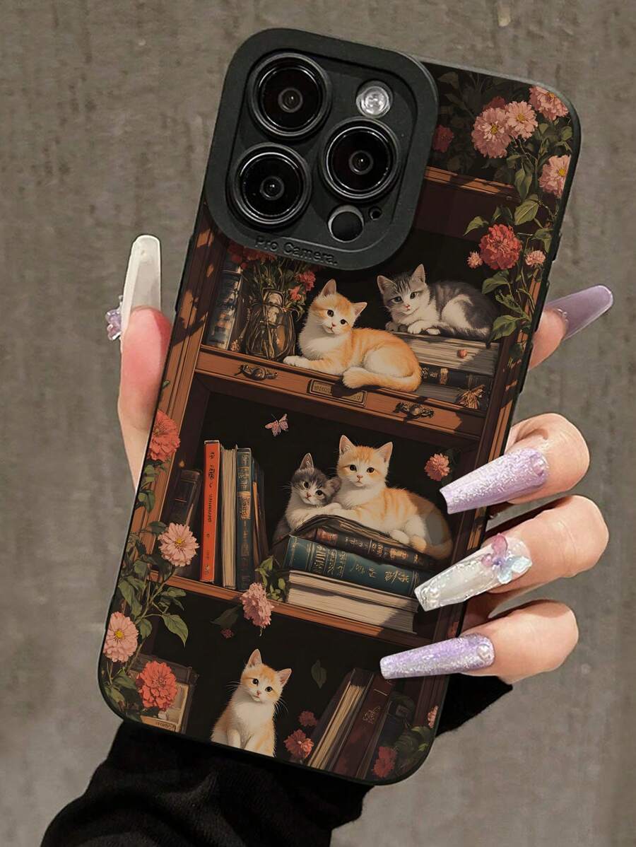 1 Stück Retro kreative Buchablage & Blumen Muster Schwarze Katzen Augen Handyhülle mit Vollschutz, kompatibel mit iPhone 11/12/13/14/15/16 Pro Max