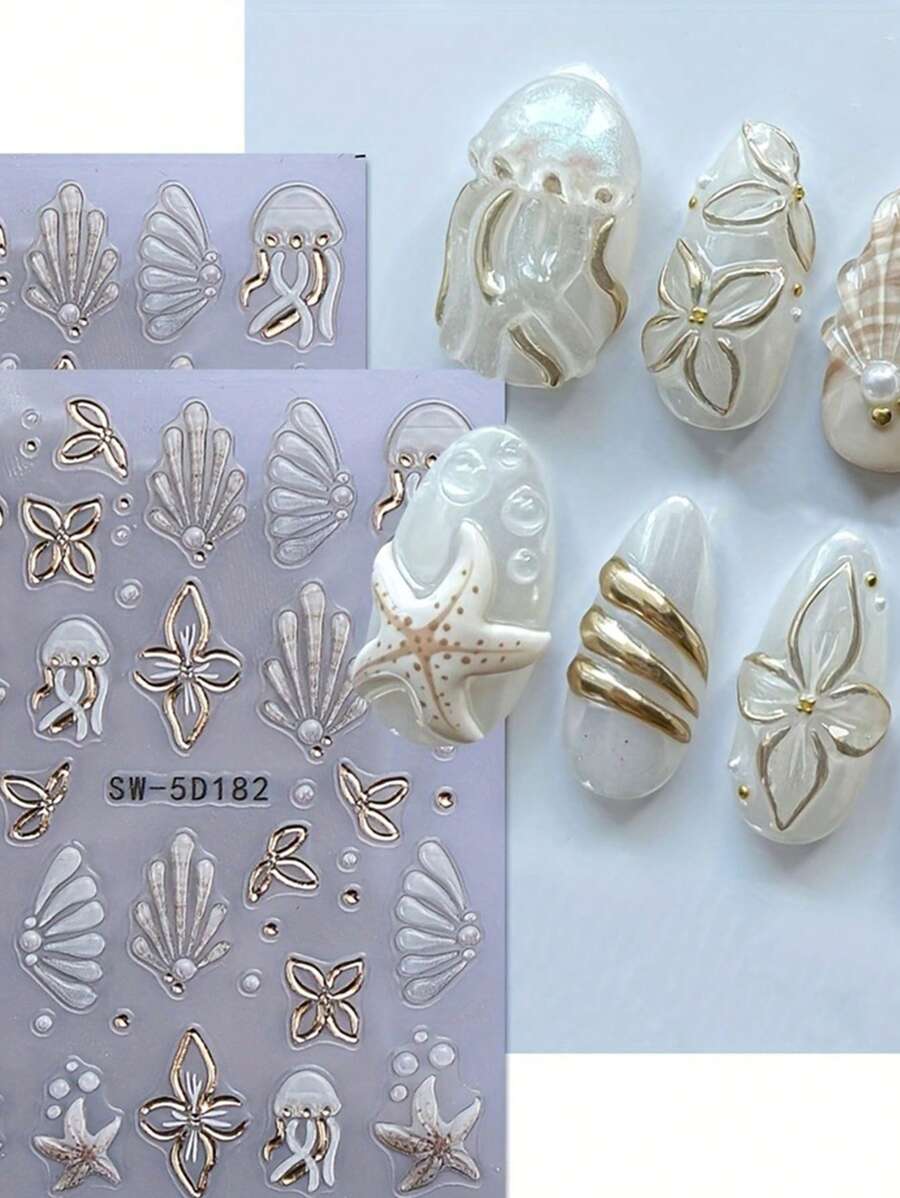 2 Pieces Of Summer Hot Stamping Jellyfish Shell Relief Nail Art Stickers - Summer Ocean Fresh And Simple Hot Stamping White Jellyfish, Shell, Starfish And Small Flower Art Design, 5D Relief Technology, Suitable For Women's Disposable Self-Adhesive Back Adhesive Nail Art Stickers, Summer Ocean Simple Theme Style, Easy To Stick Nail Decoration Stickers