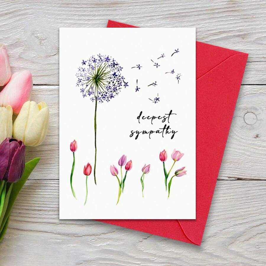 Deeply Sympathy Greeting Card, Dandelion Tulips Thinking Of You, Condolence Card, Bereavement Card, Thinking Of You, Sympathy Card, Deeply Sorry For Your Loss