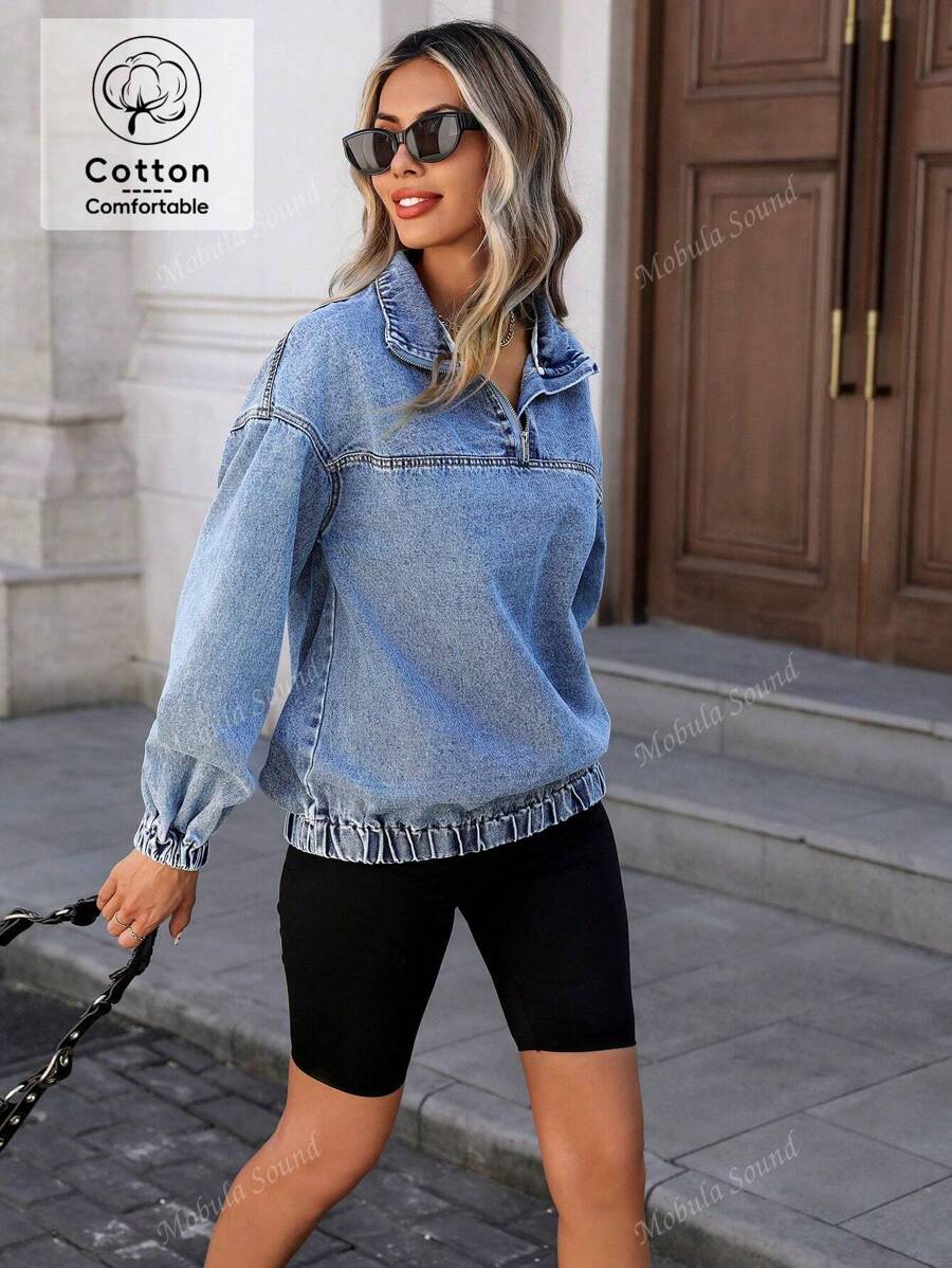 Sudadera de mezclilla azul para mujer, de estilo casual, elegante y sexy, ideal para festivales de música