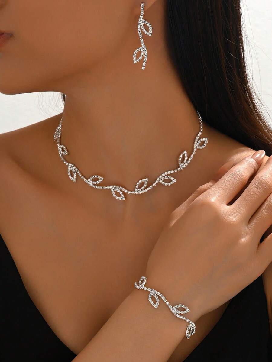 Set de 4 piezas de joyas de lujo con rhinestones en forma de hoja, de cobre minimalista, incluyendo pendientes, pulsera, collar y gargantilla, adecuado para eventos formales