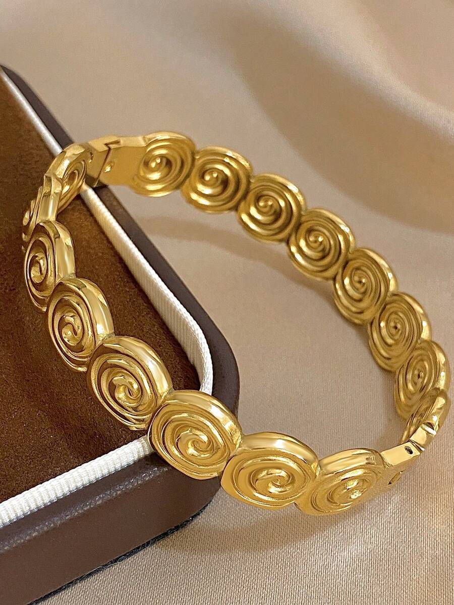 1 Peça Bracelete Rígido de Aço Inoxidável Gravado em Concha para Mulheres, Empilhável, Joia Diária, de Festa, Verão, Presente de Natal