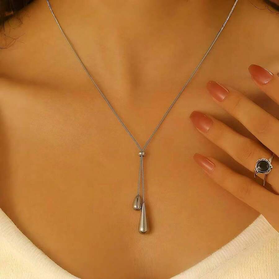 1pc Fashionable Simple Stainless Steel Water-Drop Pendant 18K Gold Plated Necklace, Versatile