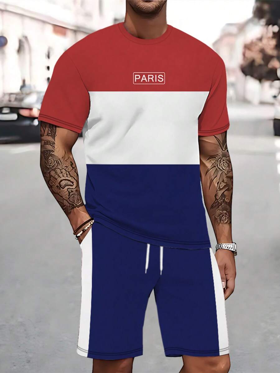 Set de 2 piezas de ropa casual de verano para hombres - Camiseta de manga corta con estampado de parches azules + Pantalones cortos deportivos con cordón, conjunto de entrenamiento para exteriores con cuello redondo