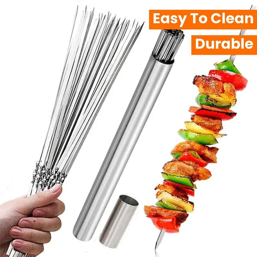 20/30/50pcs Durable Stainless Steel BBQ Skewers With 1 Tube Storage, Reusable And Easy To Clean For Outdoor And Indoor Grilling Parties