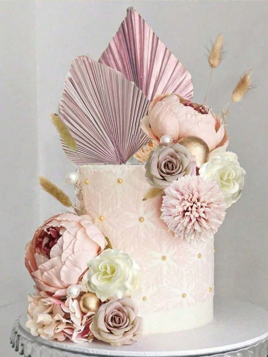 32 Stück oder 19 Stück Tortendeko im Bohemien-Stil, Tortendekoration Blumen, Künstliche Blumen, goldene oder rosa Palmwedel-Papierwindräder, goldene und weiße Schaumstoffkugeln für Tortendekoration, rosa, lila und weiße künstliche Blumen, geeignet für Bohemien-Hochzeitstorten, Taufe, Gender Reveal Party, Baby-Shower, Geburtstag, Muttertag, Weihnachten, Erntedank, Neujahr Tortendeko-Accessoires, elegante Damen Tortendekoration (Boho-Stil)