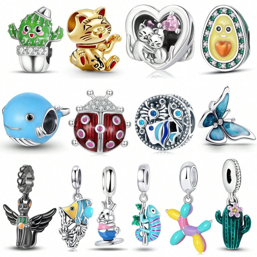 1 Pc Cute Cactus, Cute Animal Cat, Exquisite Avocado, Blue Sea, Sea Whale, Spring Seven-Star Ladybug, Tropical Underwater World, Spring Butterfly, Pharaoh Cat, Cute Rabbit, Chameleon, Cute Puppy, Beaded Surprise Gift, Suitable For Original Bracelet, Charming Woman, Enamel Craft Jewelry Gift