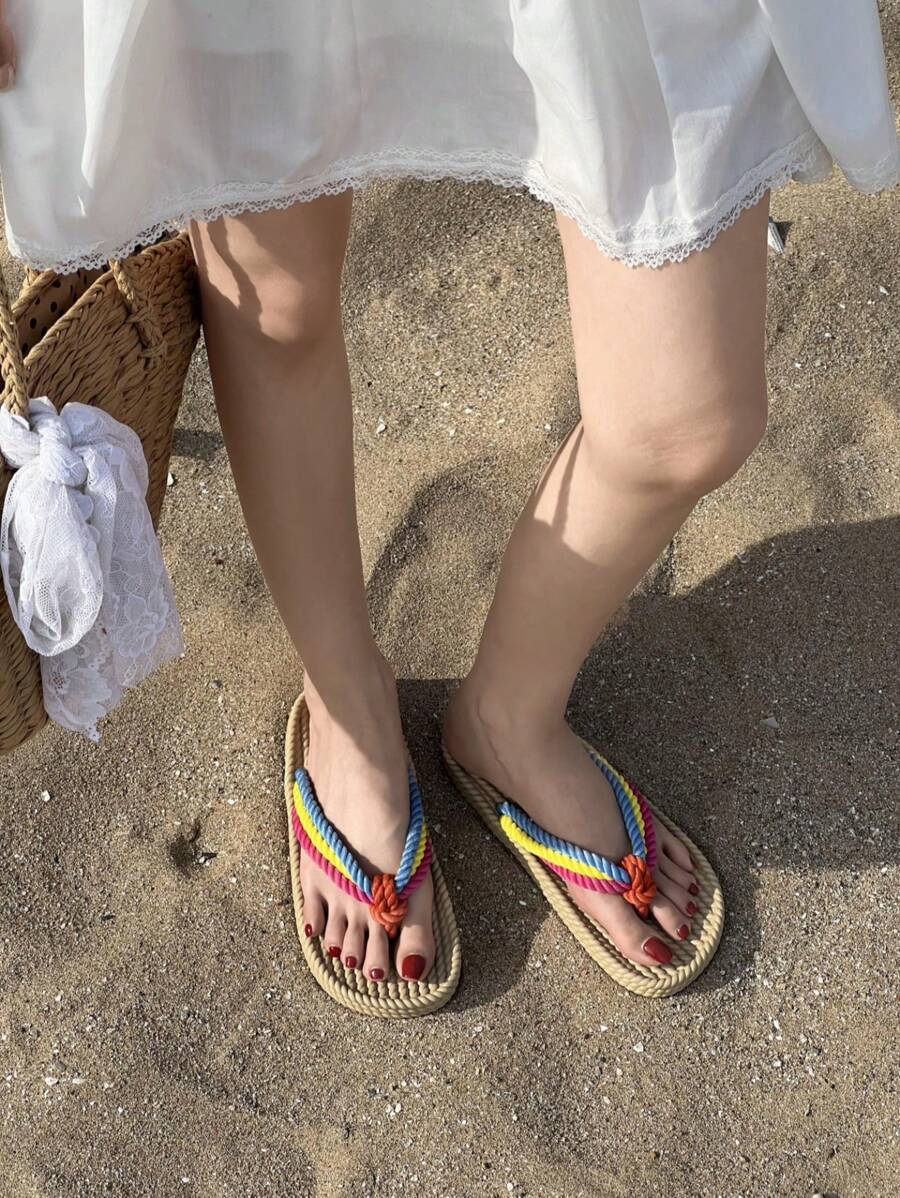1 Pair Women Minimalist Style Flip Flops, Polyester Casual Thong Sandals With Drawstring Braided Design, Lightweight Summer Slippers, Teacher's Day/Mother's Day Gift