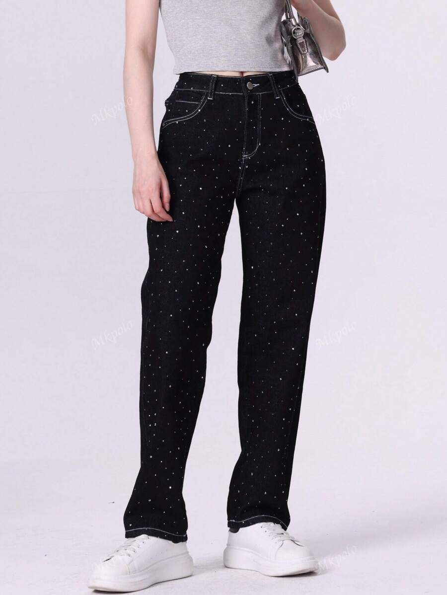 Jeans a gamba larga da donna neri con motivo a diamante, pantaloni a gamba larga da donna, adatti per l'uso quotidiano, campus, lavoro, pendolarismo