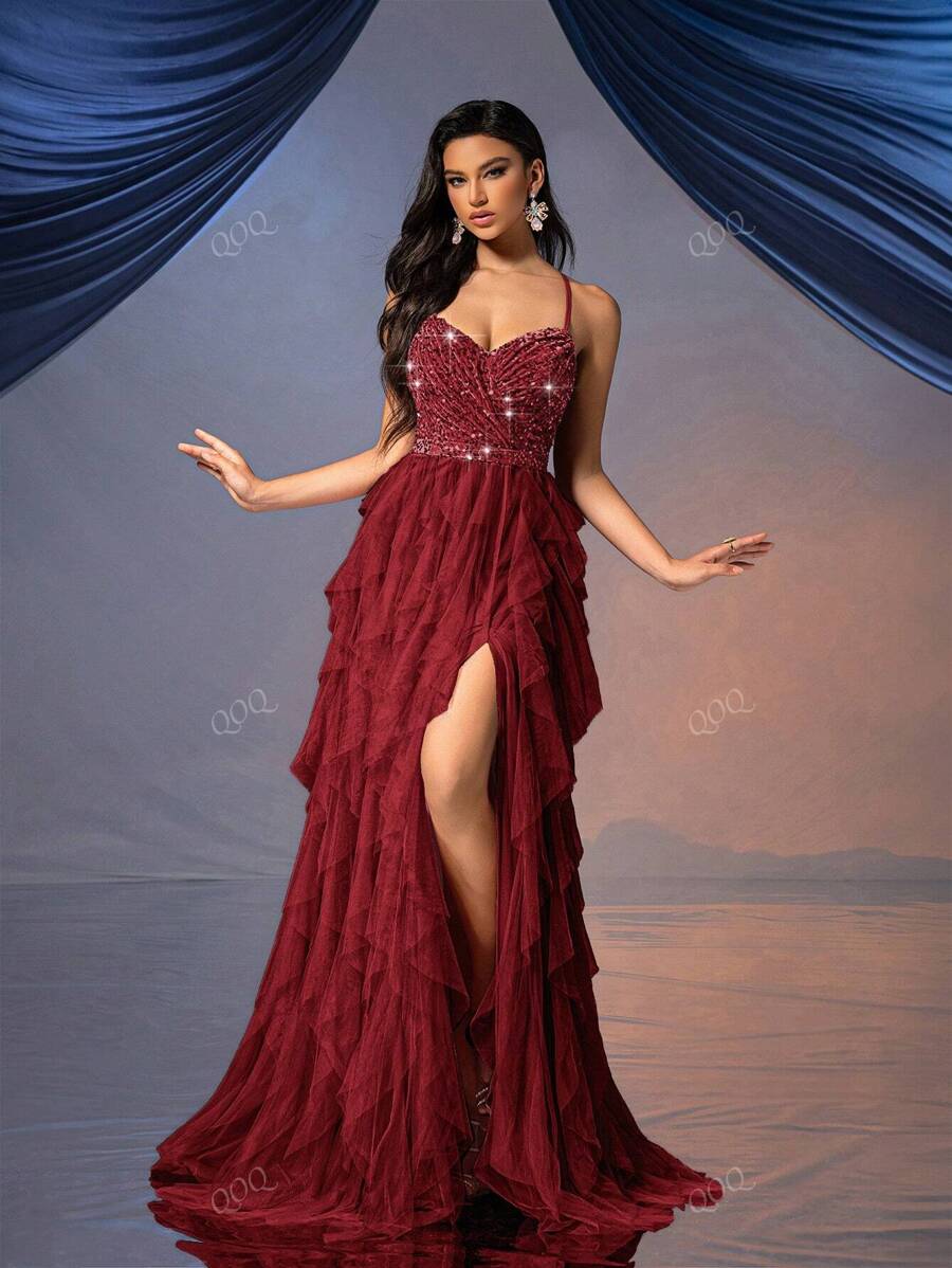 QOQ Fairy Style Women Formal Dress Romantic Evening Gown For Wedding Events, Cocktail Party, Charity Balls Pure Color Backless Sequined Mesh Dress Ballgown