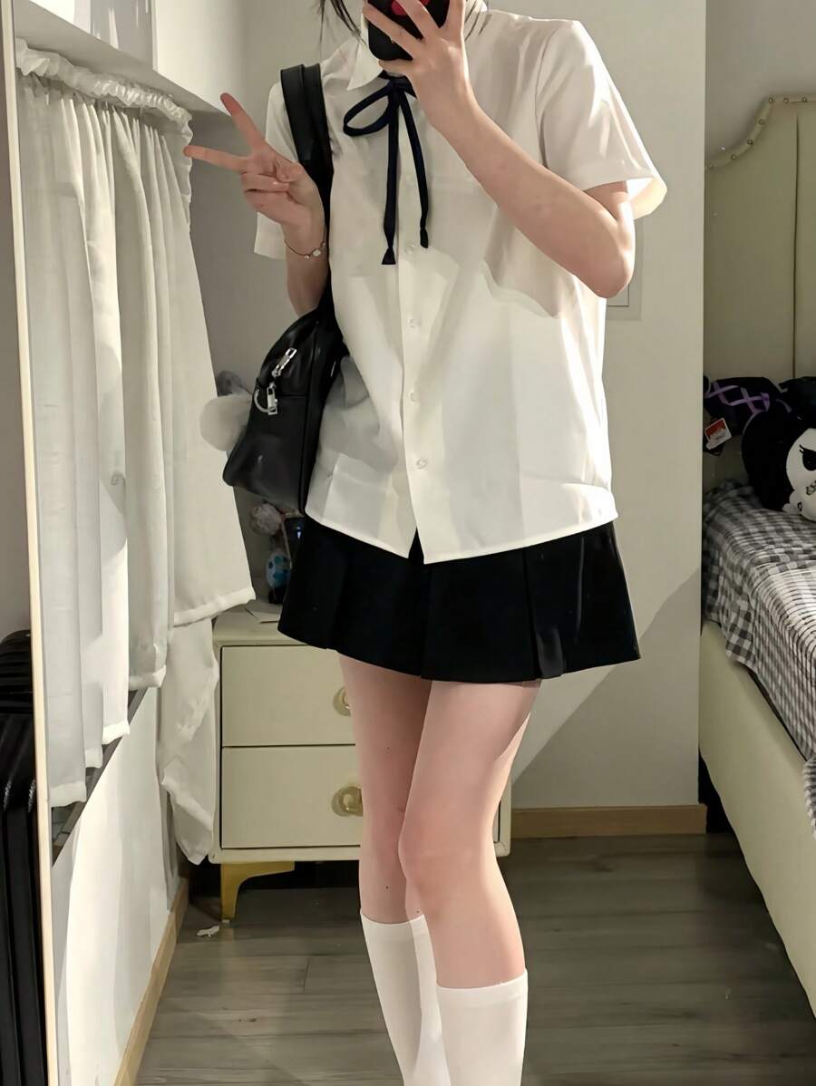 1pc Japanese School Uniform Style All-Match Loose Short Sleeve Shirt And Pleated Skirt Set, Flattering & Versatile, Suitable For Graduation Season, Photo Shoot Halloween