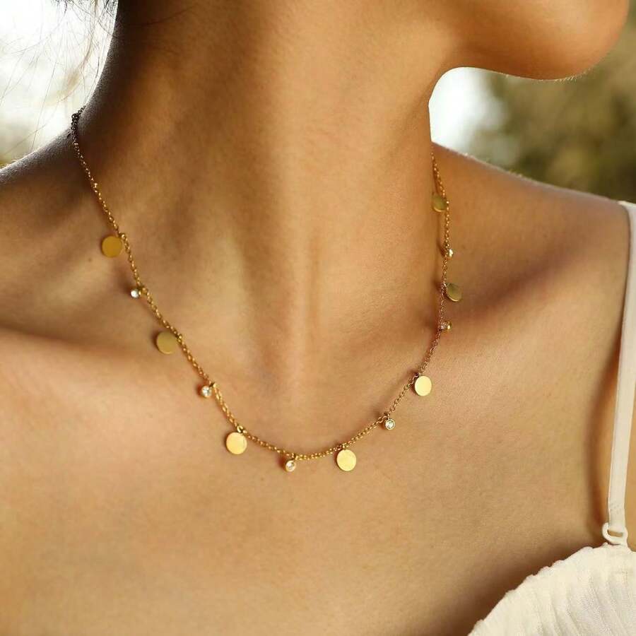 1 pieza Collar con colgante de acero inoxidable chapado en oro de 18 quilates y piedra de circonita cúbica para mujeres, adecuado para el trabajo, citas y fiestas