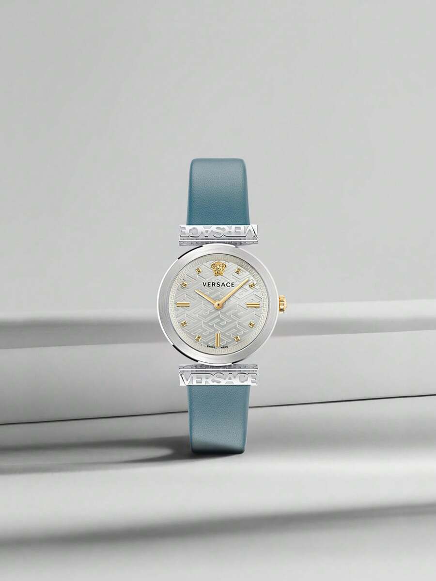 Versace Relógio de pulso feminino clássico de quartzo com pulseira de couro azul, caixa e mostrador de aço inoxidável prateado, relógio de presente feminino, VE6J01024