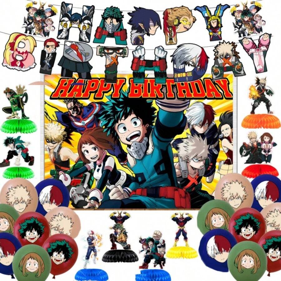 bandai Set de 17 globos de anime de Héroe Escolar - Juego de decoración de fiesta de plástico, que incluye pancartas de feliz cumpleaños, personajes y globos, adecuado para cumpleaños, aniversarios y celebraciones festivas de fans del anime