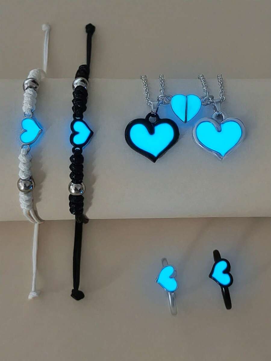 ATLVXJL 6pcs/Set Glow-In-The-Dark Heart Pendant Necklace, Bracelet, And Ring Set, Stainless Steel Magnetic Clasp Couple/Friendship Jewelry, Suitable For Everyday Wear And Valentine's Day Gift