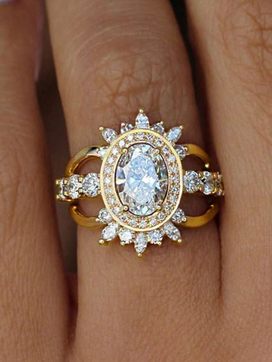 1 pieza Lujoso anillo de mujer de oro francés con diseño geométrico elíptico hueco y circonita cúbica, adecuado para boda, Día de San Valentín, compromiso, aniversario, regalo para la novia