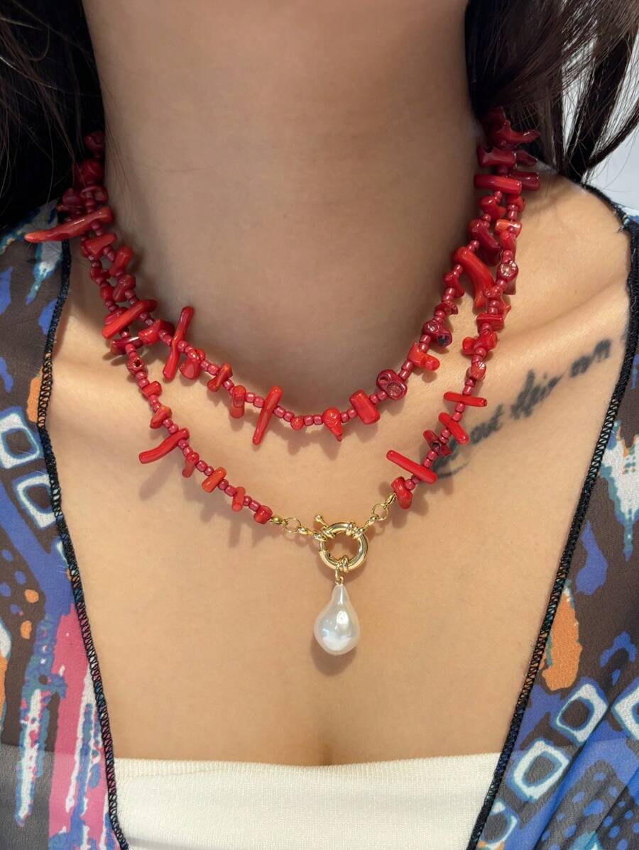 1pc Boho Tropical Island Irregular Red Coral Beaded Sailor Buckle Necklace For Charm Women's Vacation Beach Jewelry Accessories